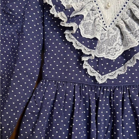 Vintage Bryan Girls Dress Navy White Swiss Dot Lace Ruffle - Picture 11 of 16